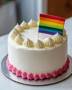Rainbow cake flag pride dessert frosting cream pink white Round cake with rainbow pride flag, white cream frosting, pink border, cheerful dessert
