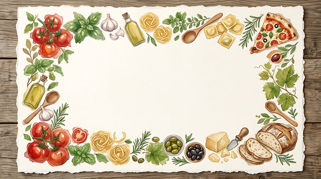 Watercolor italian food border frame on paper texture
