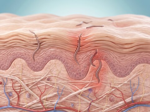 Ancylostoma spp: Detailed illustration showing the layers of human skin with parasites or worms burrowing into the dermis