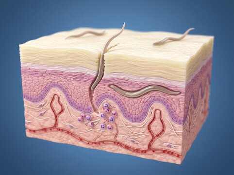 Ancylostoma spp: A cross-section of human skin illustrates microscopic parasites or worms burrowing into the dermis, highlighting a biological infection and disease process.