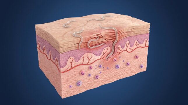 Foot Anatomy with Parasitic Worms: A detailed 3D illustration depicts a cross-section of human skin with Ancylostoma spp
