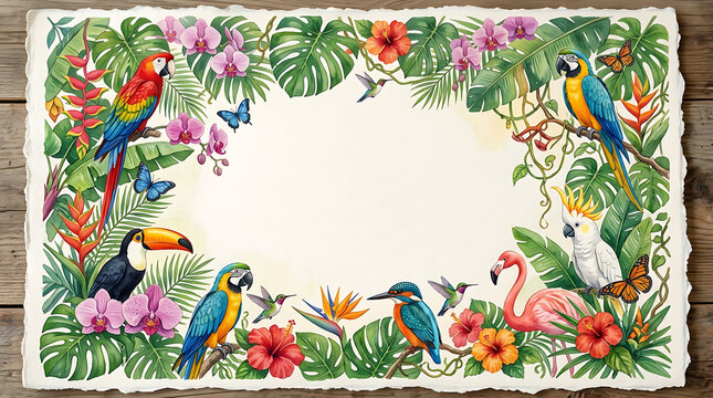 Tropical exotic birds and flowers watercolor floral frame