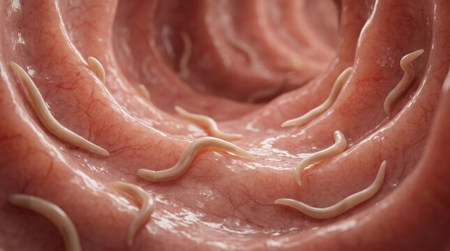Intestinal Worms: A microscopic view inside the human intestine reveals numerous Enterobius Vermicularis, showcasing a complex internal environment