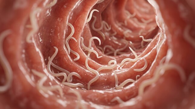 Intestinal Worm Infestation: Microscopic view inside the human intestine revealing a dense infestation of Enterobius Vermicularis, a stark depiction of internal infection