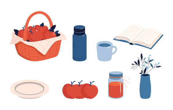 Autumn picnic clipart set isolated, cozy fall objects collection with basket, apples, thermos, mug, book, plate, jam jar and botanical vase flat vector illustration