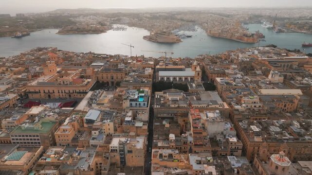 Drone Shot of Valletta Capital of Malta and UNESCO World Heritage Site, Cityscape, Old Town Buildings and Bay