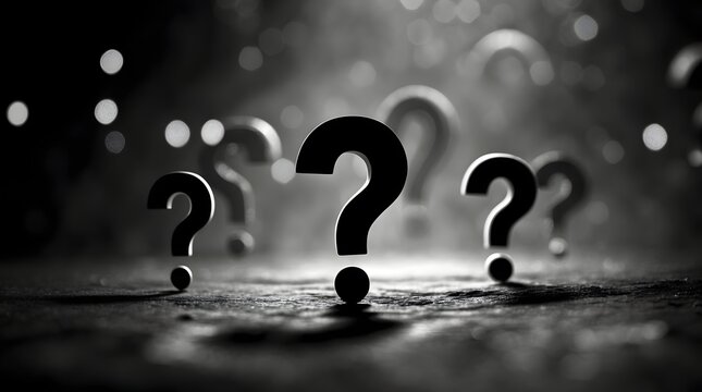 A mysterious black and white image of question marks on a dark surface