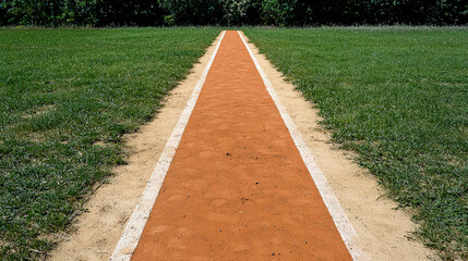 Obraz premium Sports field track lane grass finish line path outdoor athletics empty track lane crossing grassy sports field path outdoor competition area with