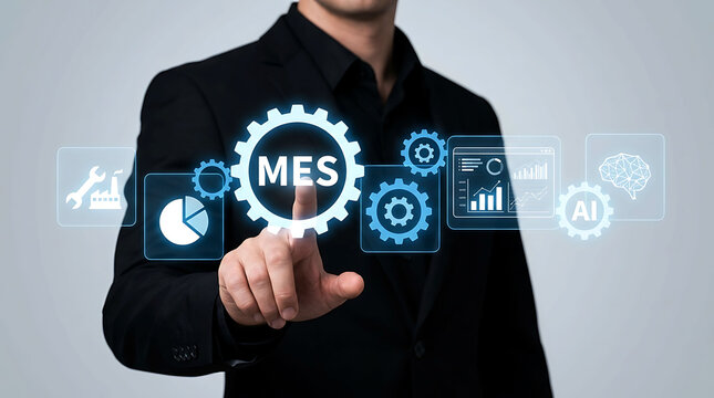 Businessman pointing at MES manufacturing execution system technology icon on screen