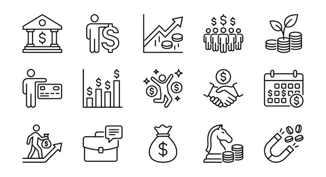 Financial investment icons a set of line style pictograms on a white background depicting money and growth