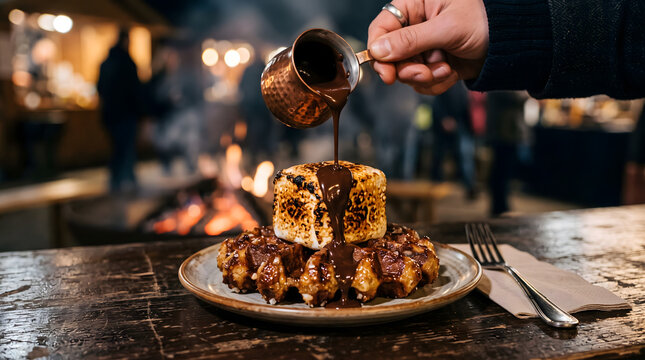 Rustic Liege Waffle Topped with Toasted Marshmallow and Molten Lava Dark Chocolate