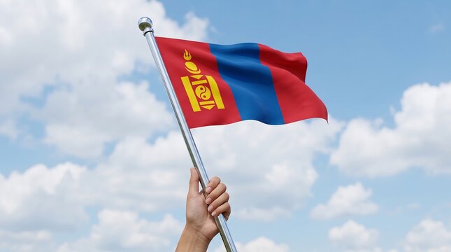 National flag of Mongolia held by hand waving against bright blue sky with white clouds outdoors