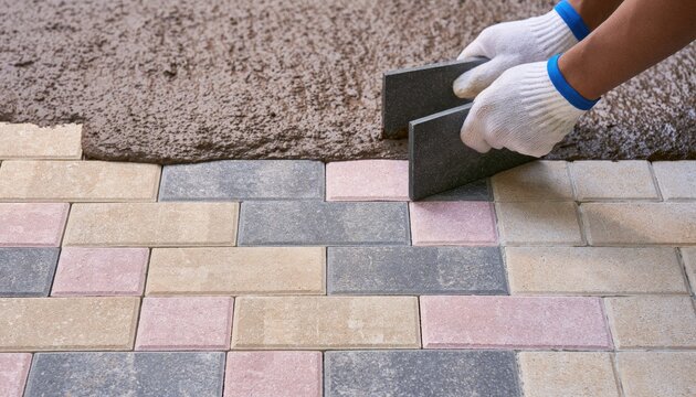 Hands in gloves laying interlocking pavers on a textured base