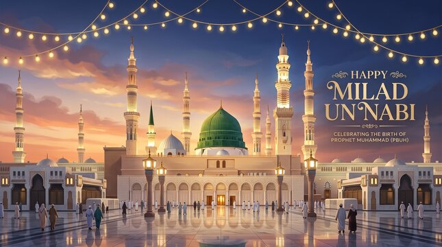 Milad un Nabi Maulid or Mawlid al Nabi Islamic background banner with Madina dome and night lanterns