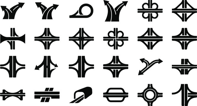 Set of black and white road junction and highway interchange icons for urban planning and traffic design
