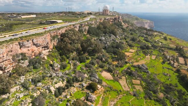Drone Shot of Dingli Cliffs and Old Radar Building, Malta, Picturesque Landscape and Landmark