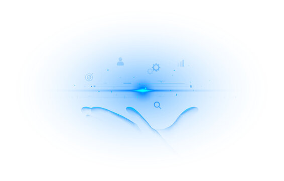 Blue digital hologram hand displaying AI technology data network and future innovation isolated on transparent background