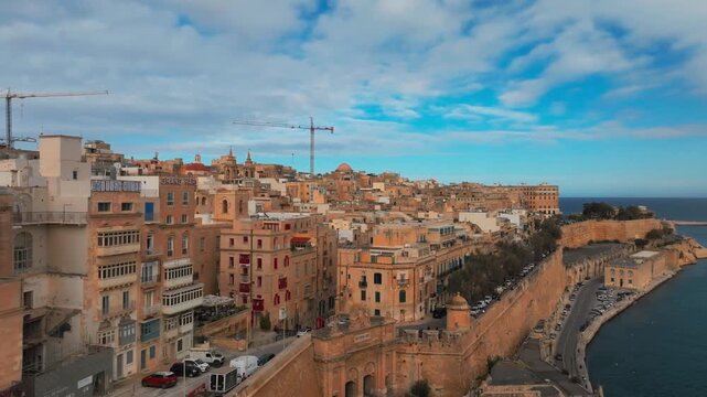 Valletta, Malta. Drone Shot of Old Town Buildings, UNESCO World Heritage Site
