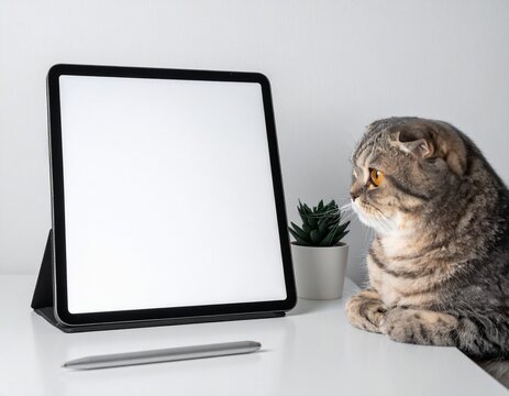Scottish Fold cat looking at a tablet with a blank solid black screen on a modern desk