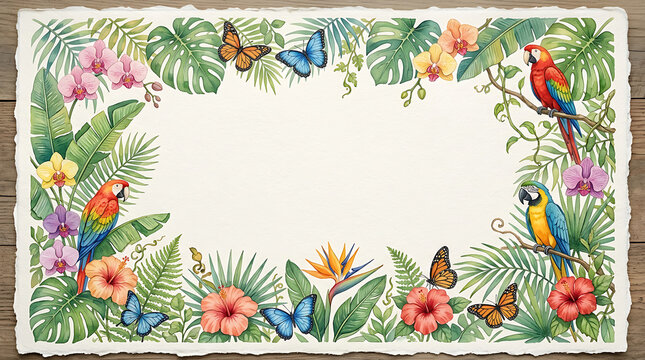Tropical rainforest border with parrots and butterflies