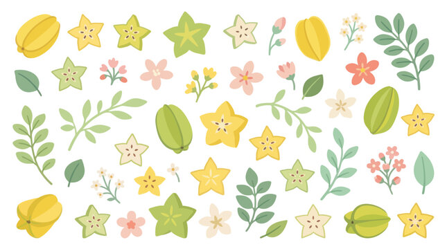 Seamless starfruit and green leaf pattern.