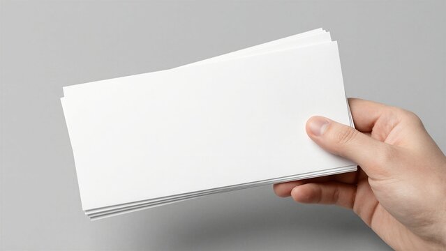 A hand holds a stack of blank white horizontal flyers or tickets against a neutral gray background, offering ample copy space for design.