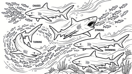 Shark behavior and anatomy diagram coloring page for kids. © Maria