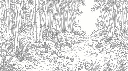 Obraz premium Serene bamboo forest with rocky stream coloring page illustration.