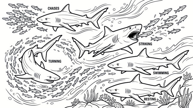 Shark behavior and anatomy diagram coloring page for kids.