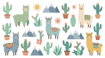 Seamless llama pattern with mountains and desert cacti. © Maria