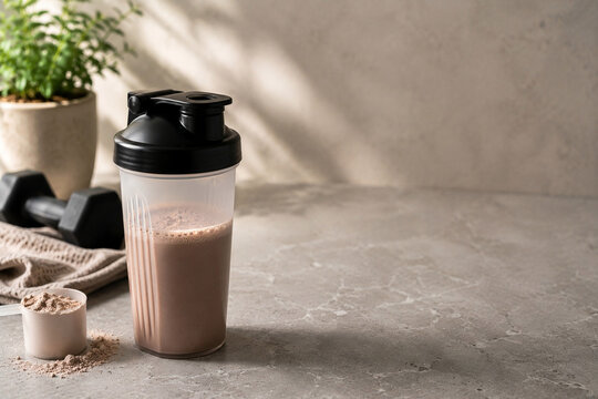 Proteinshake im Shaker mit Hantel und Fitnesszubeh&ouml;r im modernen Stillleben
