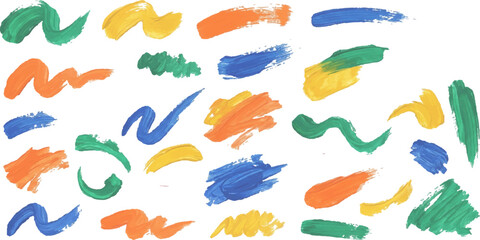 Fototapeta premium Collection of Colorful Paint Strokes: A vibrant assortment of hand-painted brushstrokes in various colors and shapes, scattered across a clean surface.
