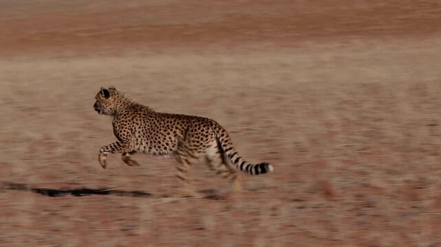 Wild cheetah running at high speed across African savanna, fast feline predator sprinting in desert landscape, majestic spotted cat in motion