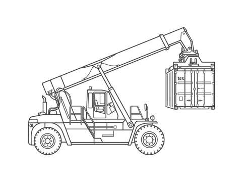 Industrial reach stacker lifting shipping container vector outline