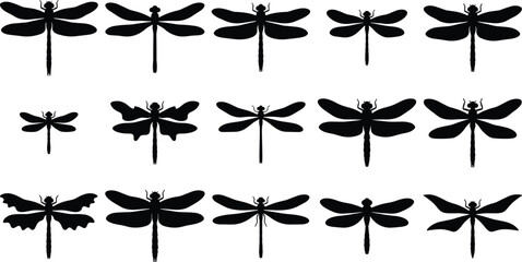 Dragonfly Silhouette Collection Set with Black Flying Insect Vector Icons and Nature Elements © Mokshad Ali