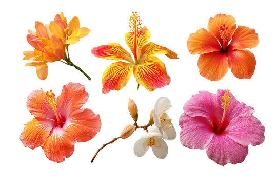 Tropical flower collection isolated on transparent background, colorful exotic botanical PNG cutout set