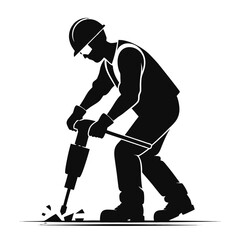 Fototapeta premium Construction Worker Operating Jackhammer Silhouette Vector