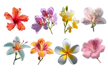 Obraz premium Tropical flower collection isolated on transparent background, colorful exotic botanical PNG cutout set