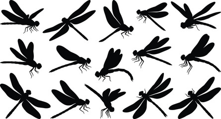 Dragonfly Silhouette Collection with Flying Insect Black Vector Set in Multiple Dynamic Poses © Mokshad Ali