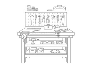 Fototapeta premium Workbench with various hand tools and power equipment in workshop setting