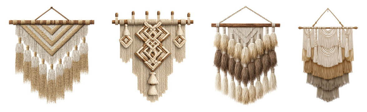 Set of four boho macrame wall hangings modern bohemian style decor woven tapestry with intricate patterns and fringe tassels natural earth tones.