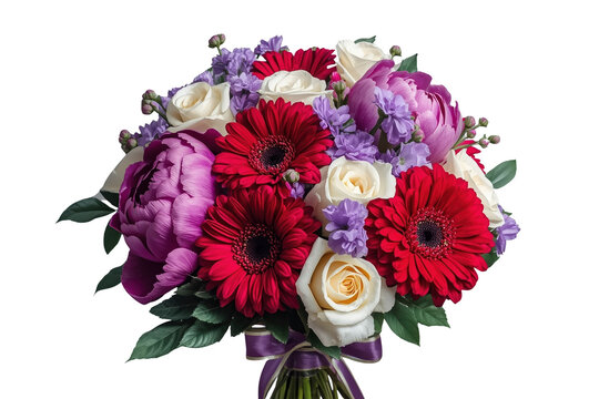 Colorful mixed flower bouquet with red and purple blooms isolated on transparent background