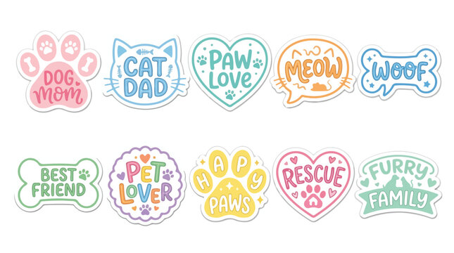 Pet lover sticker set with 10 pastel vector icons, cute dog mom and cat dad quotes, hand drawn animal paw and bone badges for scrapbooking