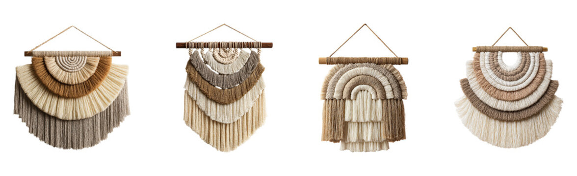 Set of bohemian macrame wall hanging decor with woven fringe and wooden rod for interior styling and crafts project collection on transparent background and decorative home arts.