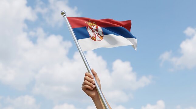 Serbian national flag held by hand waving against a bright blue sky background with clouds