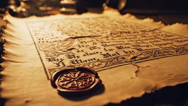 Ancient manuscript lies on a wooden table by candlelight