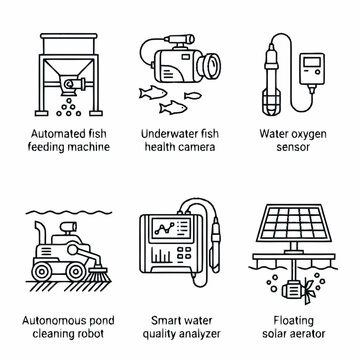 Vector icons depicting smart aquaculture technology and automated fish farming equipment for editorial use