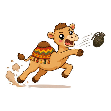 Cute camel throwing grenade cartoon vector illustration