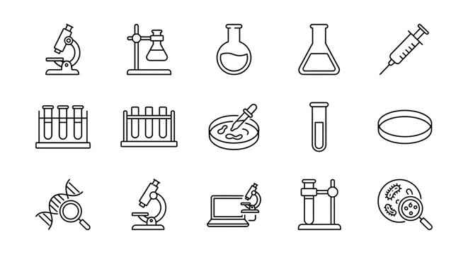 Laboratory equipment line icons on a white background depicting tools for scientific research and analysis analytical bacteria