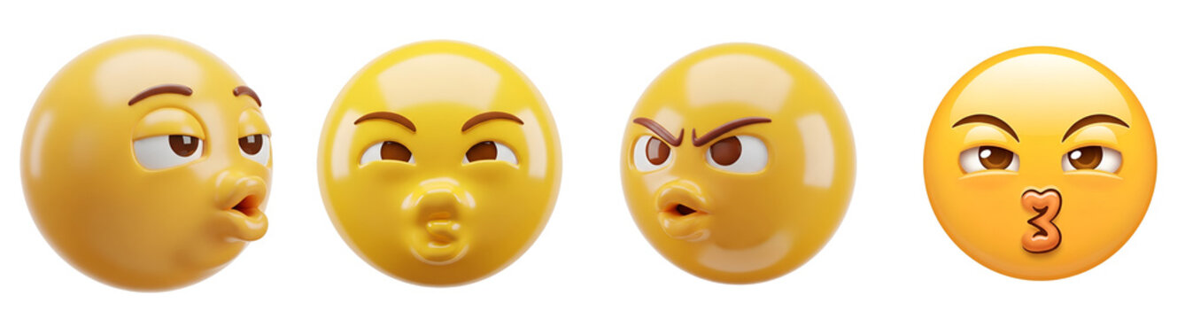 Four expressive yellow 3d emoji faces with various pouting and kissing expressions presented in a row on transparent background